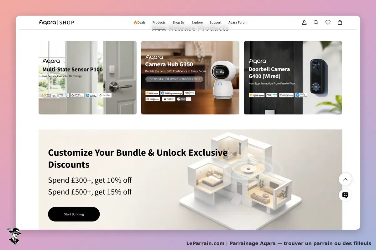 Produits Aqara avec promotions, capteurs et caméra pour la maison intelligente.