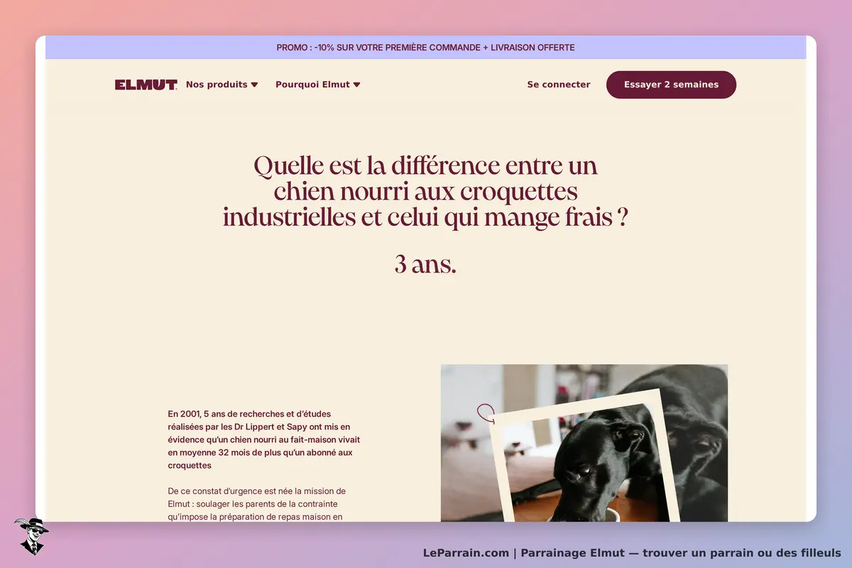 Page d'accueil Elmut sur la nutrition canine, avec texte sur l'alimentation fraîche.