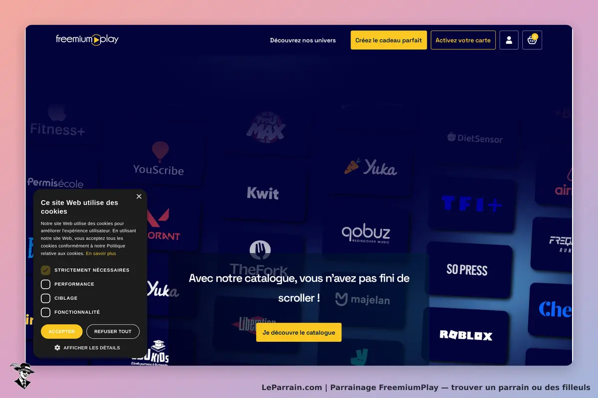 Interface du site FreemiumPlay avec divers logos et un message sur les cookies.