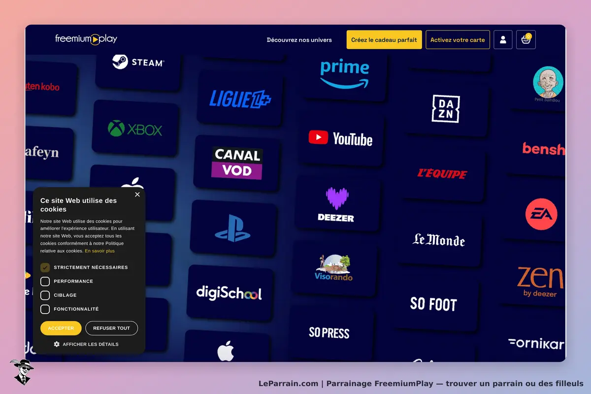 Interface du site FreemiumPlay avec logos de services variés et fenêtre de cookies.