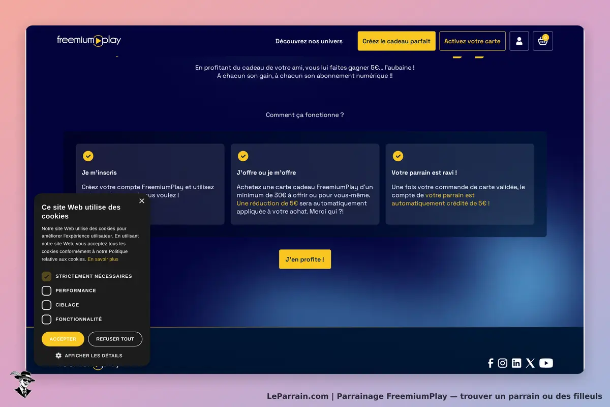 Capture d'écran du site FreemiumPlay avec offres de parrainage et cookies.