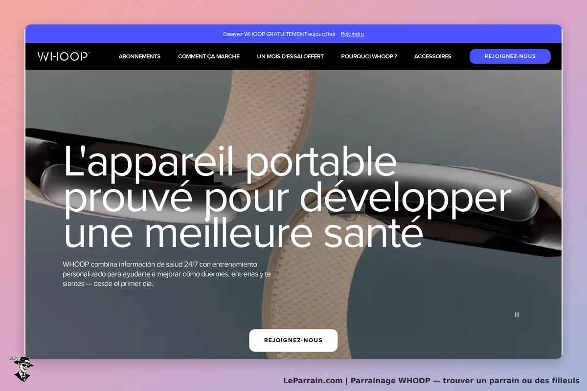 Appareil WHOOP pour améliorer la santé avec un design moderne et épuré.