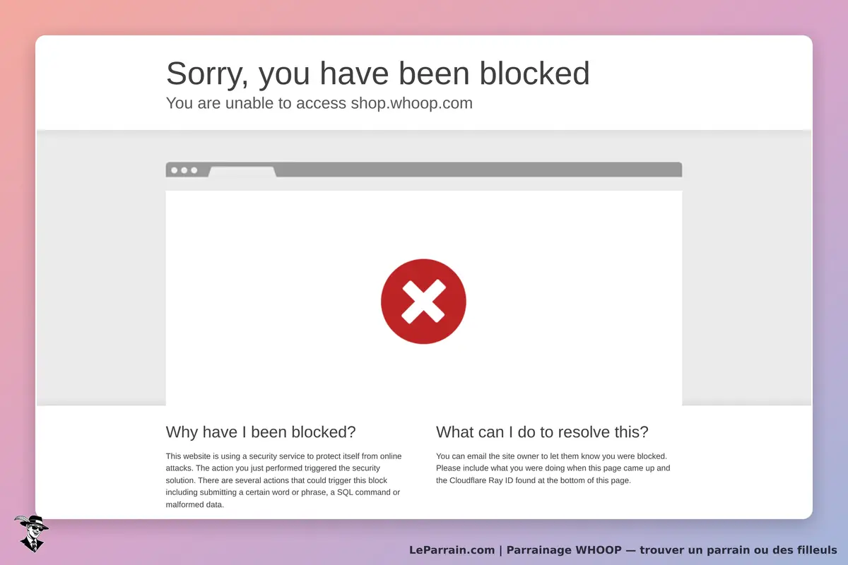 Page d'erreur indiquant un accès bloqué sur le site shop.whoop.com.